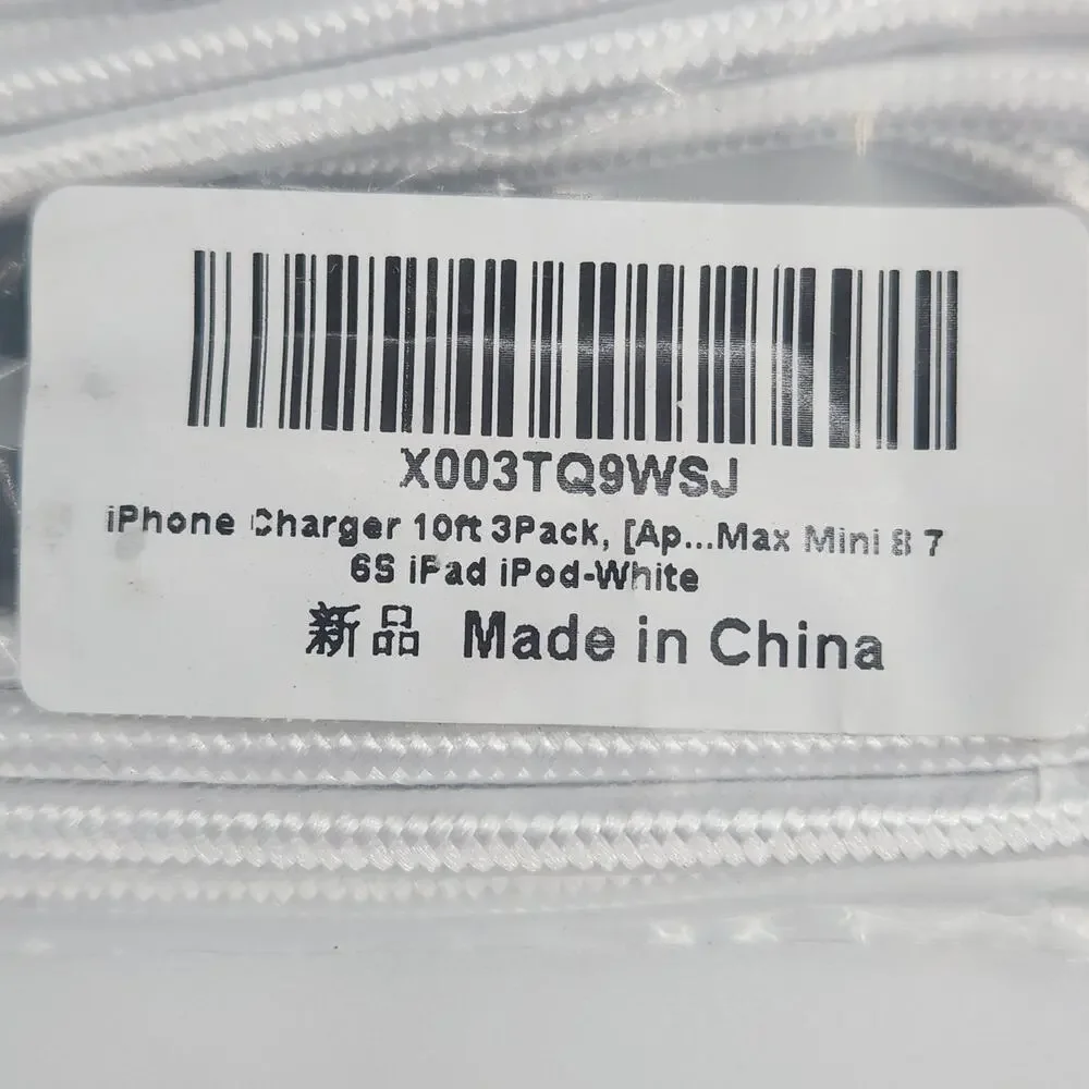 Pack of 3 Lightning Charging Cables, White 10 Ft Braided Cord